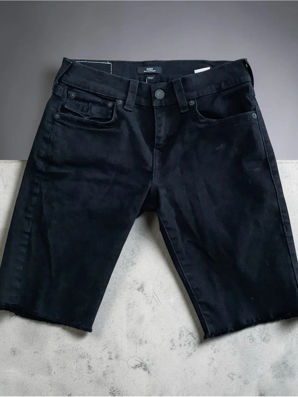 True Religion Denim Shorts Men Size 30 Black Rinse Ricky Relaxed Straight Stitch